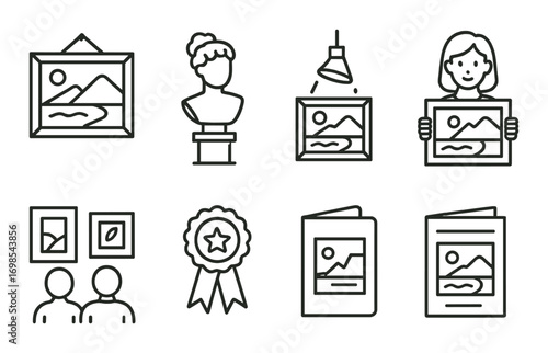 Art icons and symbols featuring portraits and awards on textured background