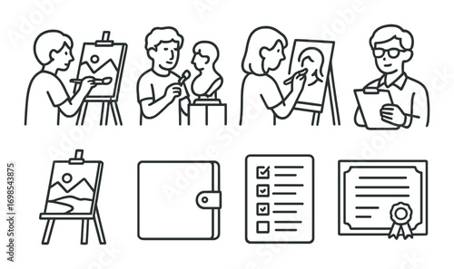 Artistic creation and learning: diverse artists engaged in painting and sculpting