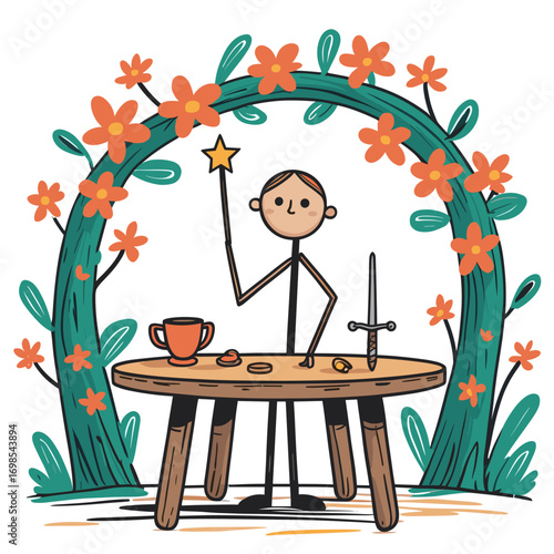 Stick figure holding a star while standing at a table surrounded by flowers. Major Arcana Tarot 1 Magician   