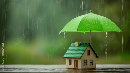 A toy house shelters under a green umbrella in the rain