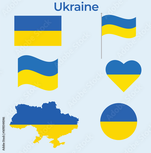 Ukraine Flag Set Collection. Waving, Flat, and Bunting Design in Official Blue and Yellow Colors, Ukraine flags, flag set, 