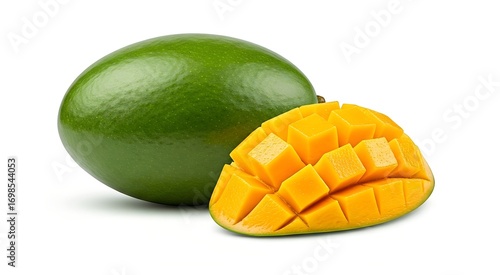 Fresh Green Mango and Diced Yellow Mango Flesh on White Background