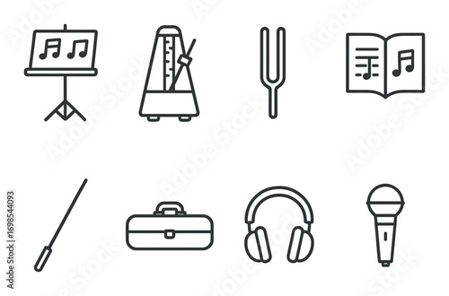 Musical instruments icons set: stand, metronome, tuning fork, sheet music