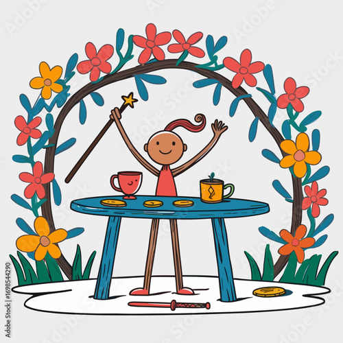 Cheerful child playing with magic wand at table in garden. Major Arcana Tarot 1 Magician 