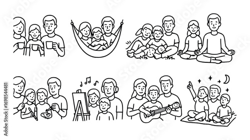 Illustrated family activities: tea, meditation, art, music, campfire, and stargazing