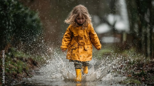 a happy little child playing and jumping in the rain, enjoying a puddle