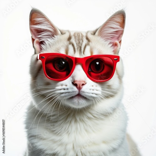 Cool white cat wearing red sunglasses, front view on white background.