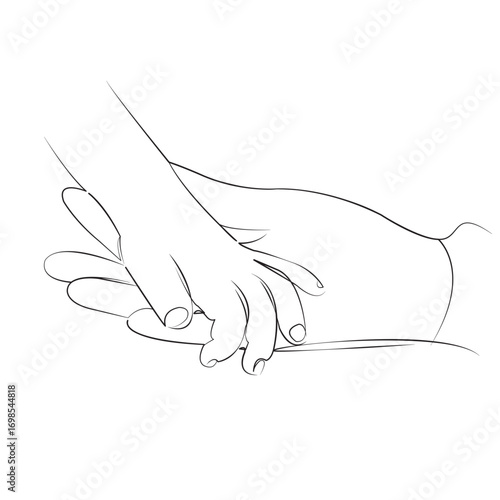 One continuous single drawing line art flat doodle child, mother, hand, person, care, family, woman, love, female. Isolated image hand draw contour on a white background, hand drawn, not AI