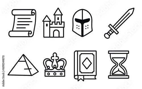 Medieval icons collection: scroll, castle, helmet, sword, pyramid, crown, book, hourglass