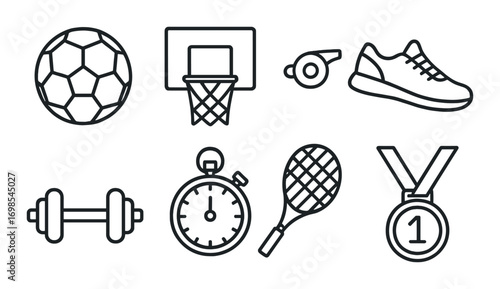 Sports equipment icons: ball, hoop, shoes, stopwatch, medal, whistle, racket, dumbbells