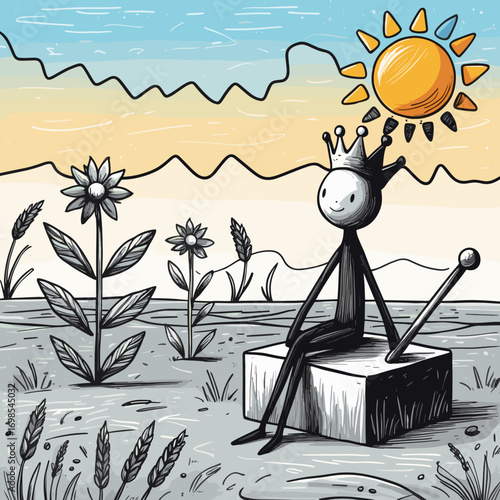 Stick figure king sitting on a block surrounded by flowers and sun. Major Arcana Tarot 2 Empress