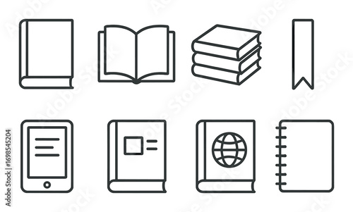 Books and e-reader icons: hardcover, open book, stack, bookmark, tablet, notebook