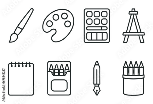 Art tools icon set with paintbrush, palette, easel, and drawing supplies on dark background