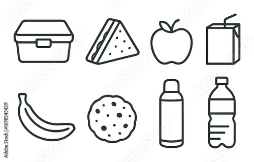 Outline icons of lunch items: sandwich, apple, drink box, banana, cookie, bottle