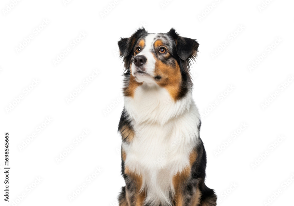 Fototapeta premium Attentive adult tri-color Australian Shepherd dog sitting on a pure transparent studio background with copy space, head tilted, intelligent gaze upwards, concept for pet product advertising