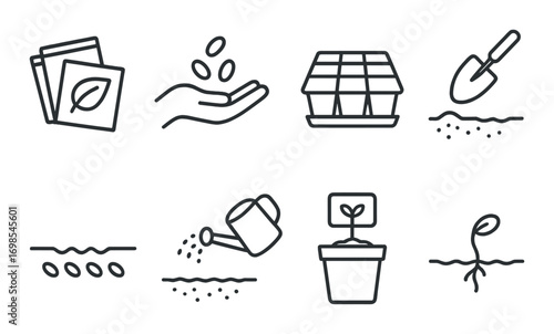 Gardening icons: planting, seedling, watering, tools, growth stages
