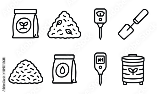 Garden tools and supplies icons: compost, ph meter, fertilizer, shovel
