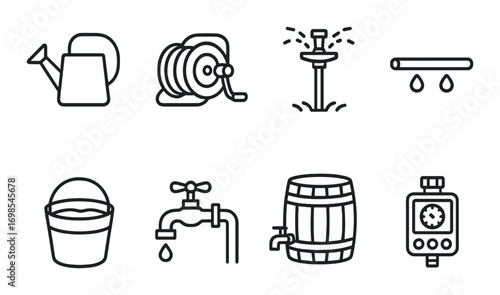 Gardening tools icons: watering can, hose, sprinkler, drip system, bucket, faucet, barrel, timer