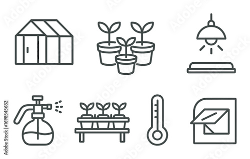 Greenhouse essentials: planting equipment, lighting, and temperature control icons