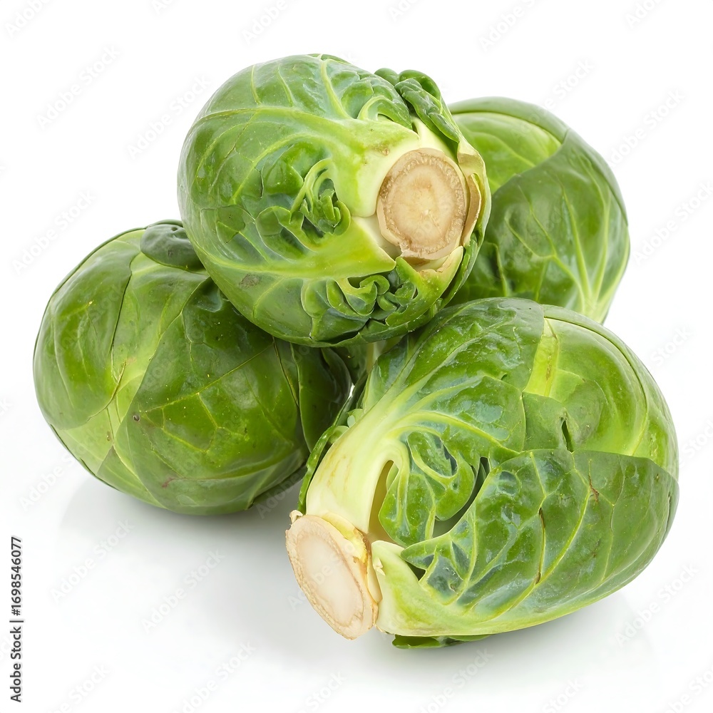 Fototapeta premium Fresh, vibrant green Brussels sprouts clustered closely together, displaying detailed leaf patterns and a light beige core, are beautifully arranged against a plain white background.