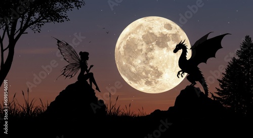 Full moon fairies and dragon silhouette
