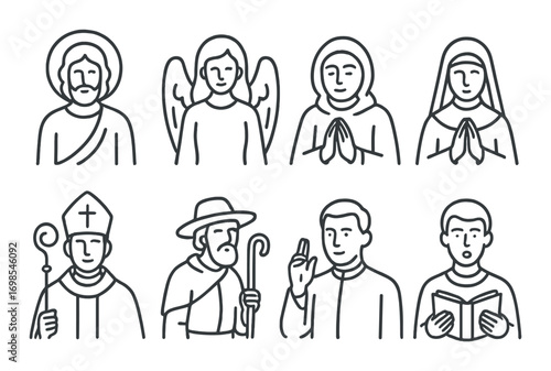 Outline of religious figures with saints and angels in minimalist style