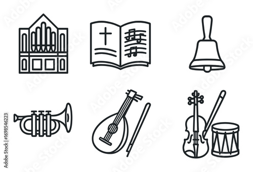 Musical instruments and symbols on dark background