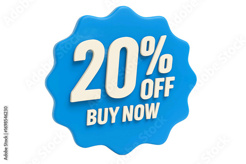 Bright blue starburst sticker with twenty percent off and buy now text isolated on transparent background