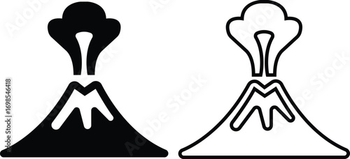 Volcano eruption flat, line icon set. Depicting eruption with smoke cloud, ash for education resources. Natural disaster symbol of mountain, lava, explosion, earth science, environment hazard vectors.