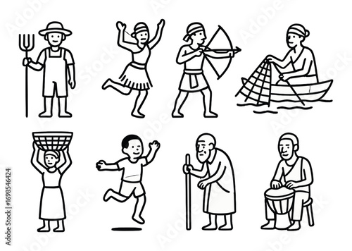 Diverse stick-figure scenes depicting various activities and roles across cultures