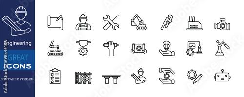 Set of engineering icons with editable stroke, representing tools, machinery, construction, innovation, and industry for professional and technical projects.