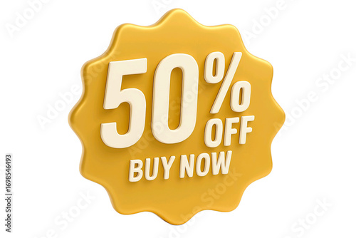 Golden 3d starburst badge with 50 percent off and buy now text isolated on transparent background