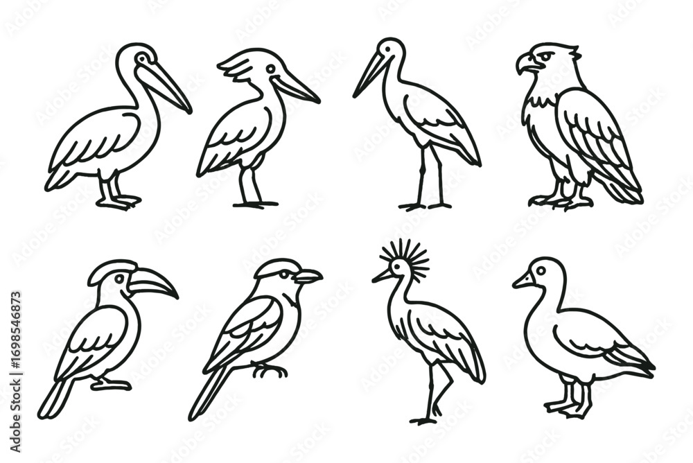 Obraz premium Elegant bird outline collection with diverse bird species in monochrome