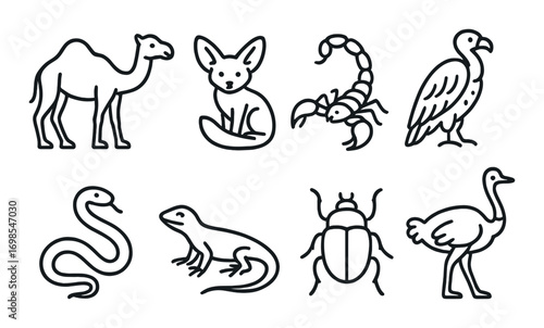 Desert animals icon set featuring camel, fennec fox, scorpion, vulture, snake, lizard, beetle, ostrich
