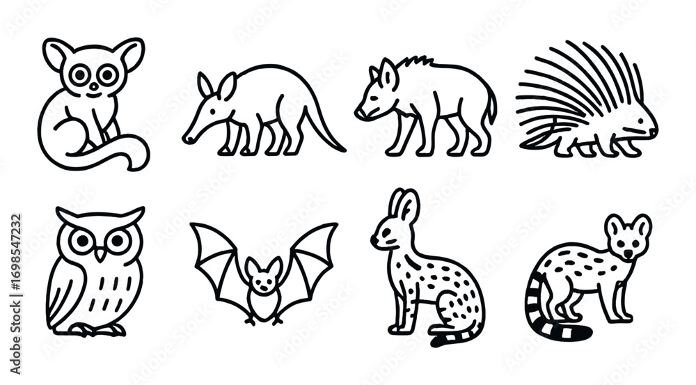 Obraz premium Stylized wildlife icons featuring lemur, aardvark, hyena, porcupine, owl, bat, hare, genet