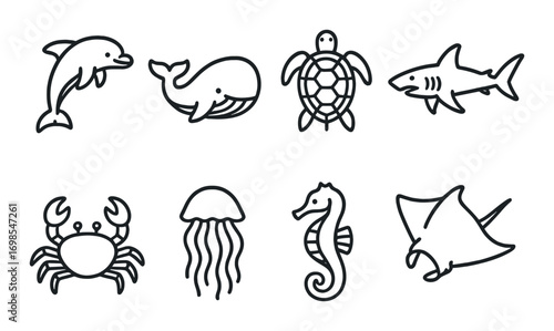 Marine life icons: dolphin, whale, turtle, shark, crab, jellyfish, seahorse, ray