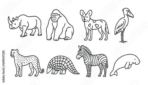Doodle collection of jungle animals including gorilla, rhino, and zebra