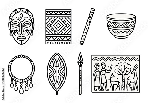 African cultural artifacts: masks, patterns, bowls, musical instruments, jewelry