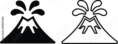 Volcano eruption flat, line icon set. Depicting eruption with smoke cloud, ash for education resources. Natural disaster symbol of mountain, lava, explosion, earth science, environment hazard vectors.