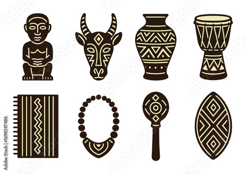 African tribal artifacts: sculptures, masks, and patterns depicting traditional culture