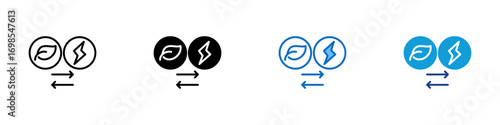 Energy Exchange Multiple Style Icon Design Vector - Circular arrows between a leaf and a lightning bolt represent the exchange between natural and electric energy
