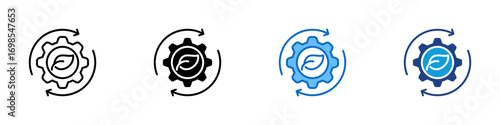 Green Engineering Multiple Style Icon Design Vector - gear with a leaf inside and circular arrows, symbolizing sustainable technology and eco-friendly engineering