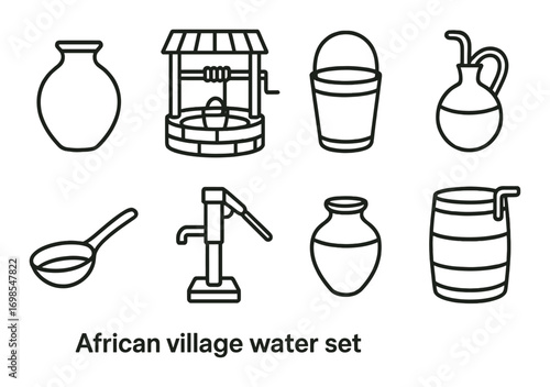 Traditional african water vessels and well icons set