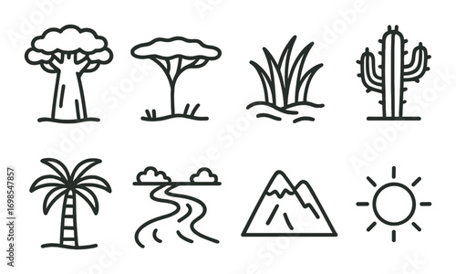 Nature icon set featuring trees, cactus, river, mountain, and sun symbols