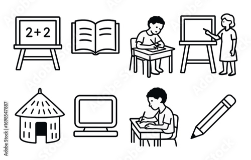 Education icons: learning, teaching, and writing in black and white illustrations