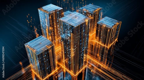 Futuristic skyscraper with glowing glass structures and neon bridges connecting towers, high-resolution science fiction cityscape.