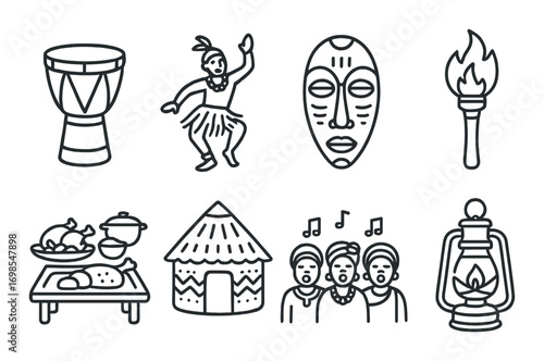 African tribal icons: cultural symbols and traditional artifacts illustration