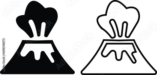Volcano eruption flat, line icon set. Depicting eruption with smoke cloud, ash for education resources. Natural disaster symbol of mountain, lava, explosion, earth science, environment hazard vectors.