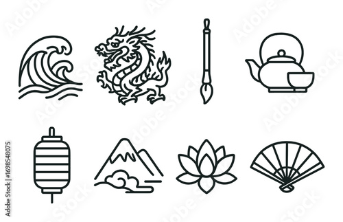 Traditional asian icons: wave, dragon, brush, teapot, lantern, mountain, lotus, fan
