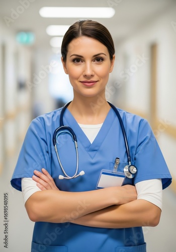 Confident female healthcare professional smiling in hospital corridor, representing modern medical care and dedicated service